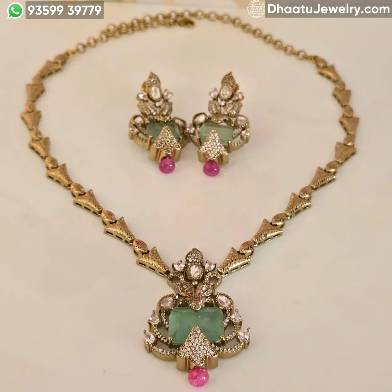 Handcrafted Floral Motif Necklace Set with Rectangular Baguette Stones and Contrast Drops