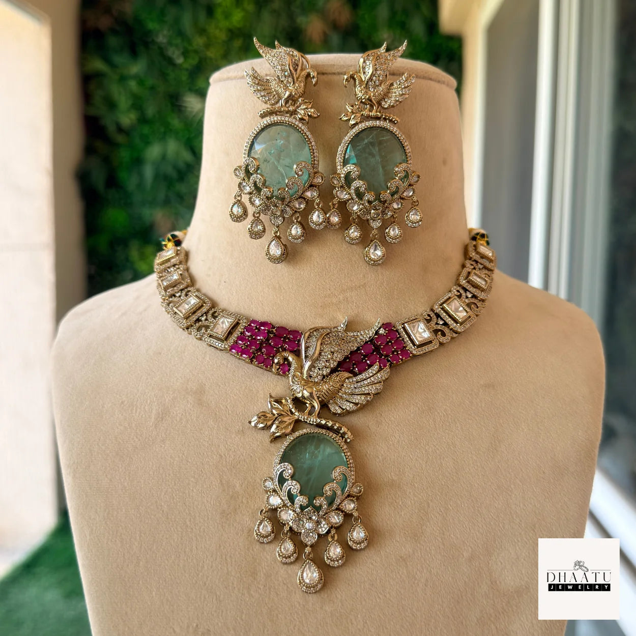 Handcrafted Peacock Motif Fusion Necklace Set with Polki Work and Vibrant Drop Stones