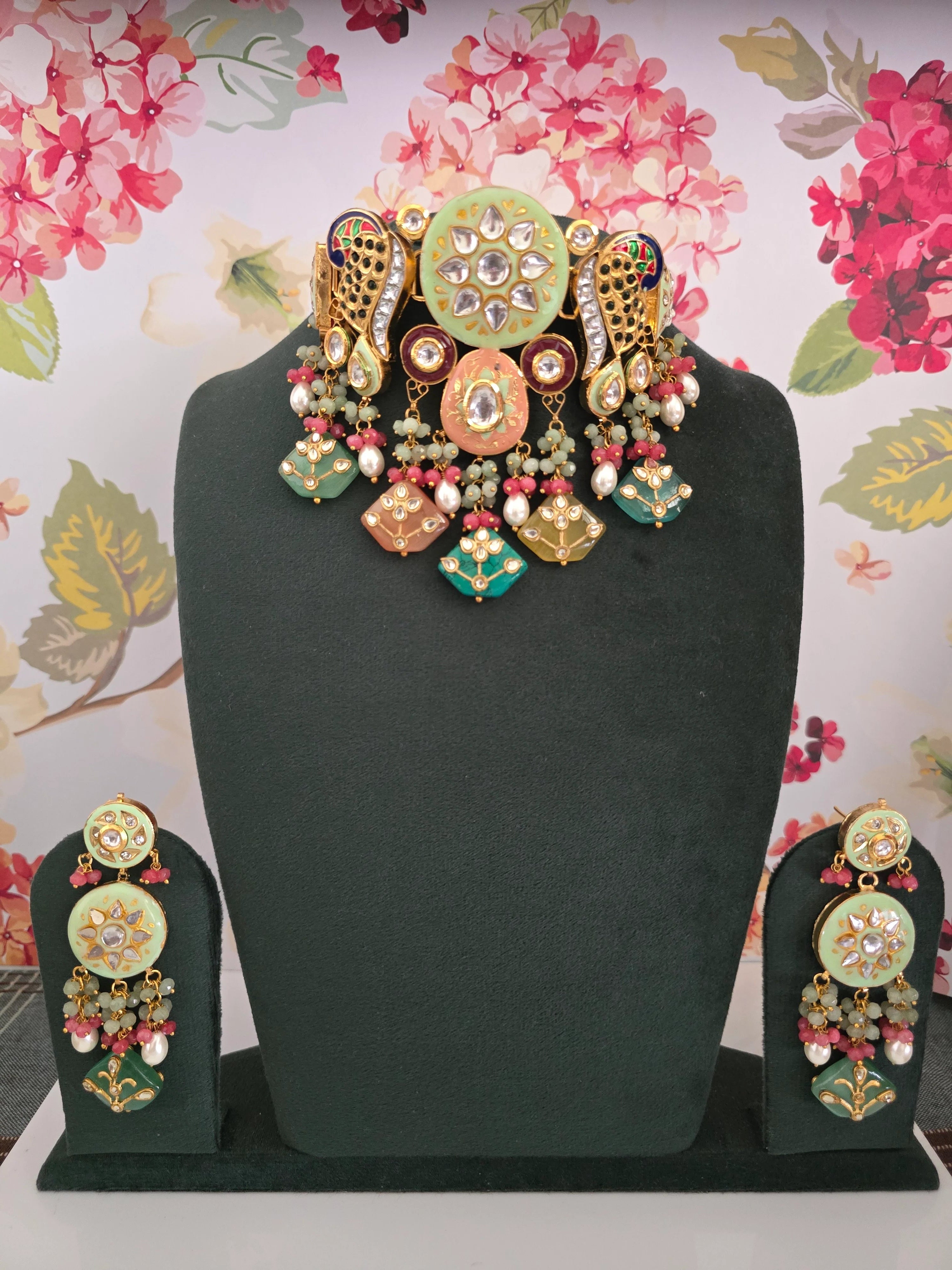 Serene Mint Green Hand-Painted Kundan Meenakari Choker Necklace and Earring Set displayed on a mannequin, perfect for traditional Indian outfits.