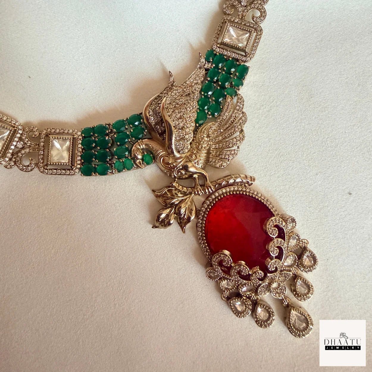 Handcrafted Peacock Motif Fusion Necklace Set with Polki Work and Vibrant Drop Stones