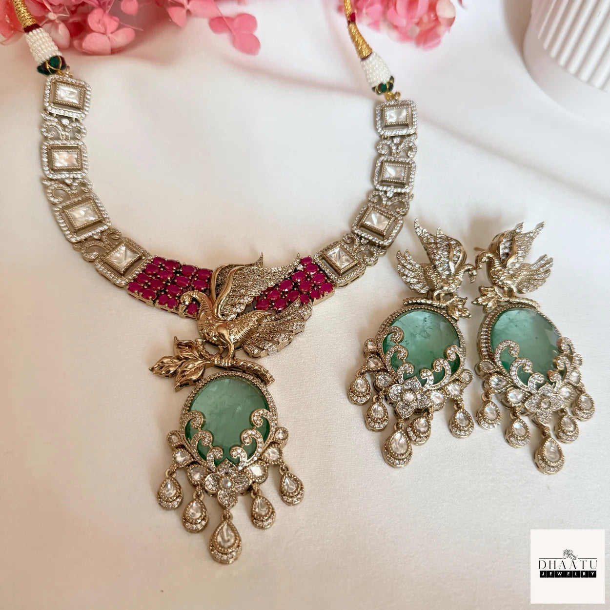 Handcrafted Peacock Motif Fusion Necklace Set with Polki Work and Vibrant Drop Stones