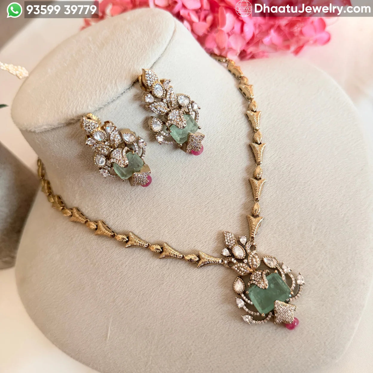 Handcrafted Floral Motif Necklace Set with Rectangular Baguette Stones and Contrast Drops