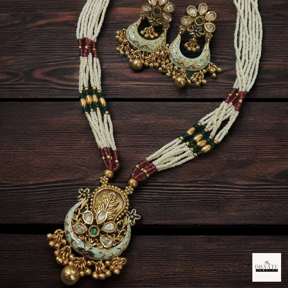 Antique Kundan & Meenakari Chandbali Pendant Necklace Set with Seed Pearl Layers
