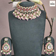 Vibrant Pink & Mint Green Meenakari Polki/Kundan Style Choker Necklace & Earrings Set