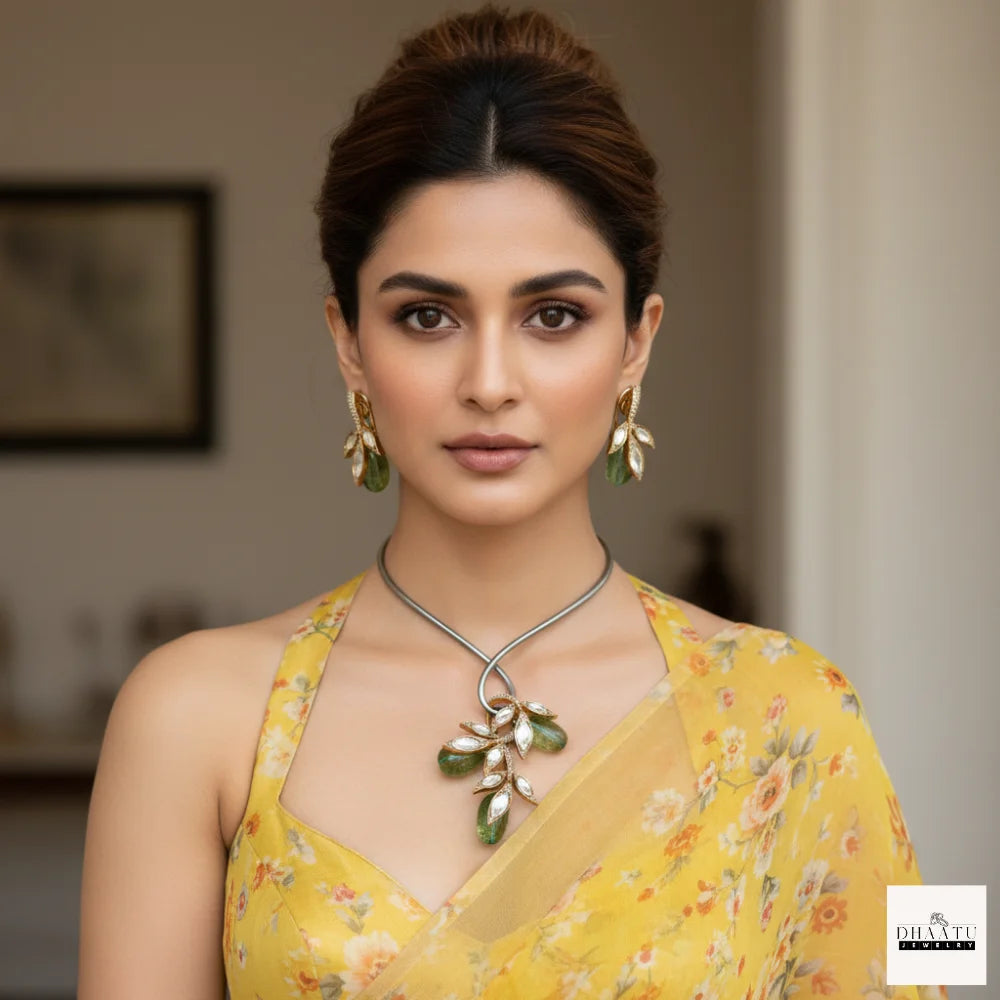 Handcrafted Kundan Leaf Motif Hasli Torque Necklace & Earring Set – 6 Colors