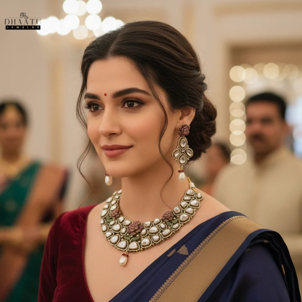 Kundan Necklace Set with CZ Stone Floral Motifs | Traditional Indian Bridal Jewelry