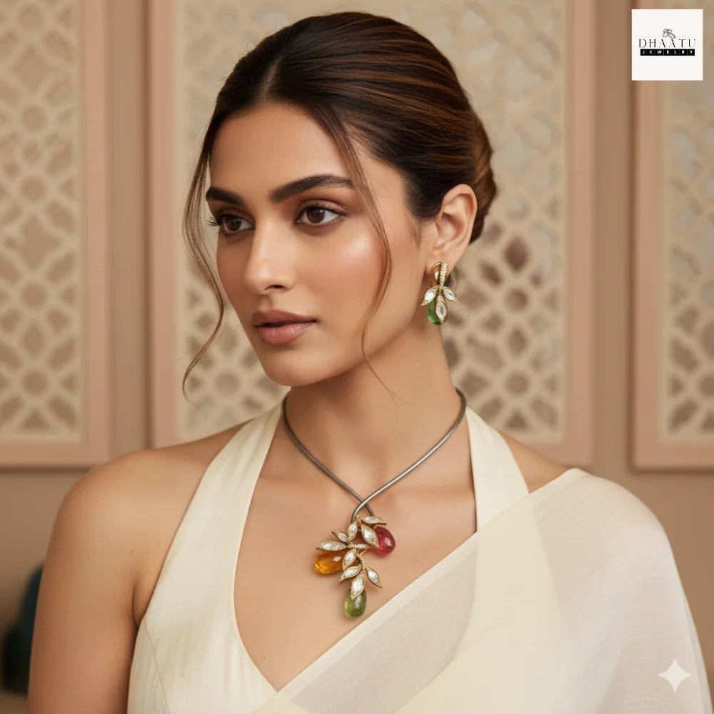 Handcrafted Kundan Leaf Motif Hasli Torque Necklace & Earring Set – 6 Colors