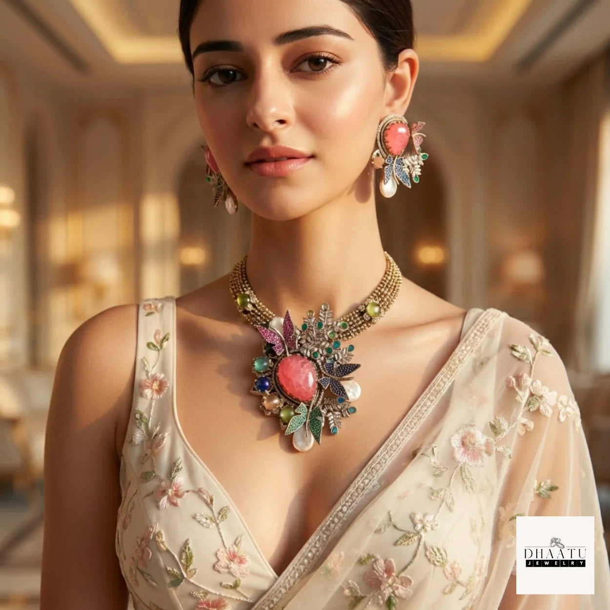 Rivaayat Butterfly & Leaf Motif Victorian Fusion Choker Set with Baroque Pearls