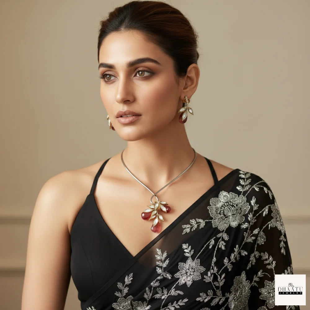 Handcrafted Kundan Leaf Motif Hasli Torque Necklace & Earring Set – 6 Colors