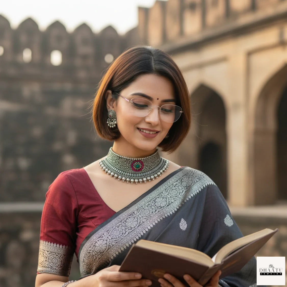 Oxidized Silver Finish Choker Necklace Set with Green & Ruby Stone Detailing - Ethnic Statement Jewelry
