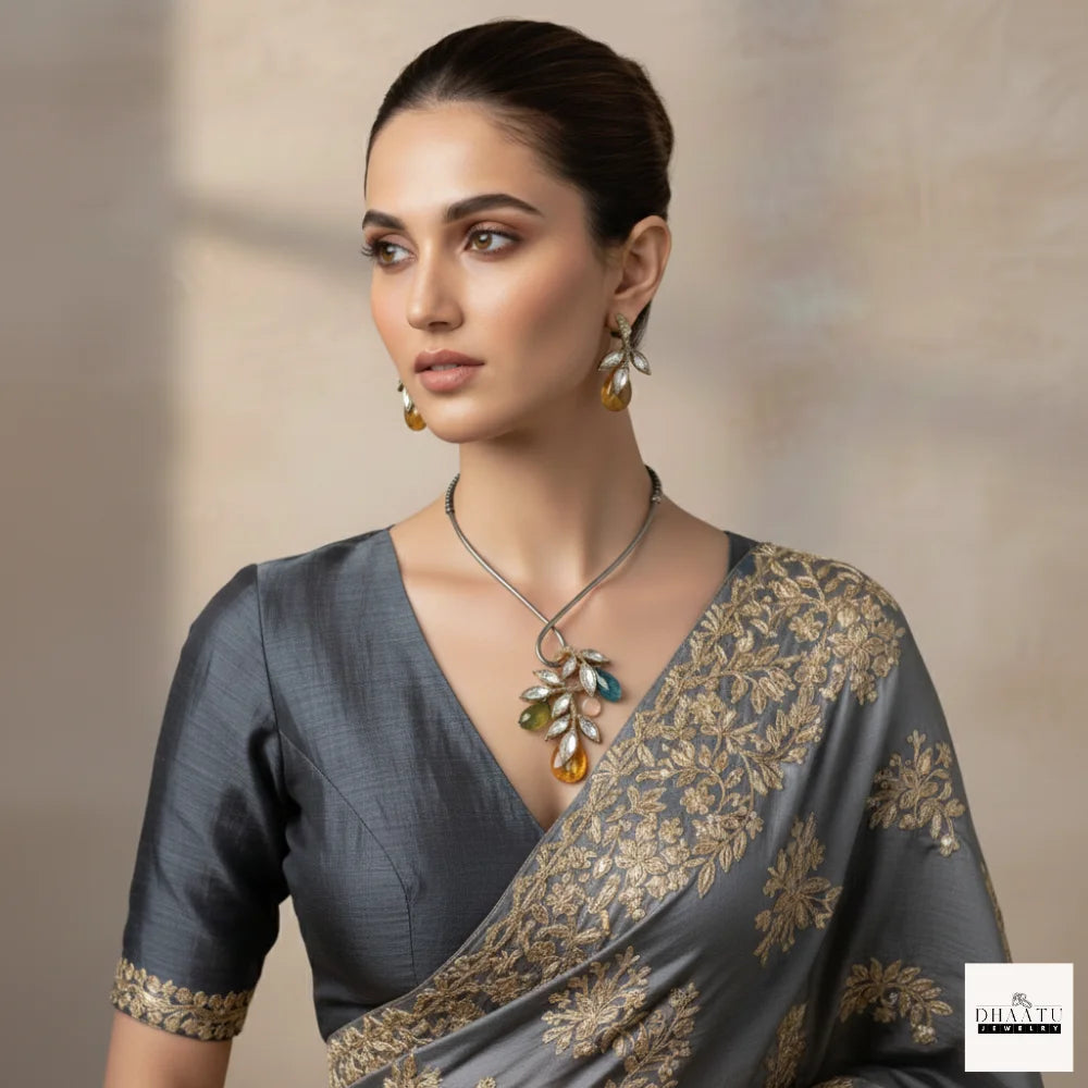 Handcrafted Kundan Leaf Motif Hasli Torque Necklace & Earring Set – 6 Colors