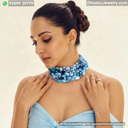 Handcrafted 6-Layer Blue Agate Natural Stone Choker Necklace | 4.5cm Wide & 23cm Long Beaded Statement Jewelry