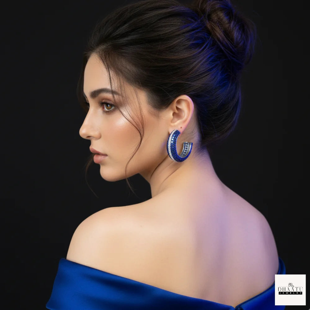 Royal Blue Princess-Cut Statement Hoops with Cubic Zirconia Accents – Silver Plated