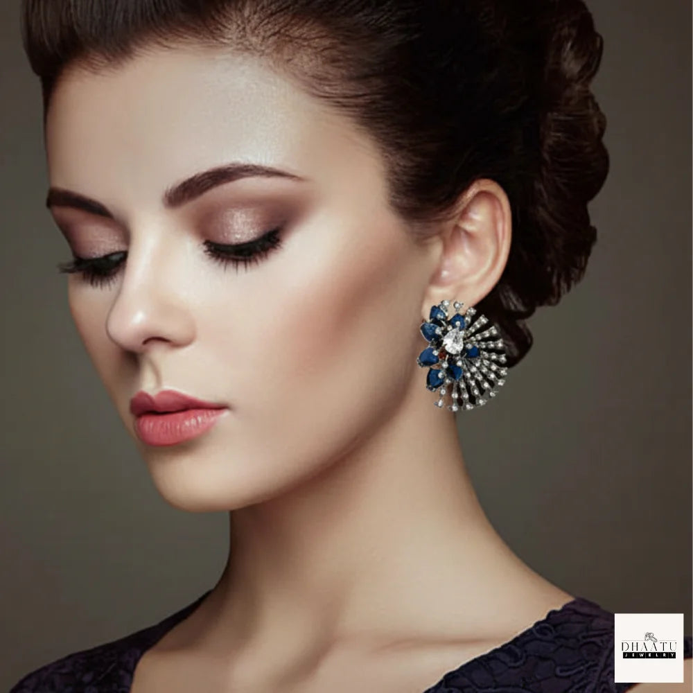 Victorian Black Plated Luxury Ear Tops/Studs – Zircon & Colored Stone Fan Earrings