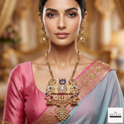 Antique Gold-Tone Peacock & Floral Fusion Necklace Set with Meenakari and Jhumka Details