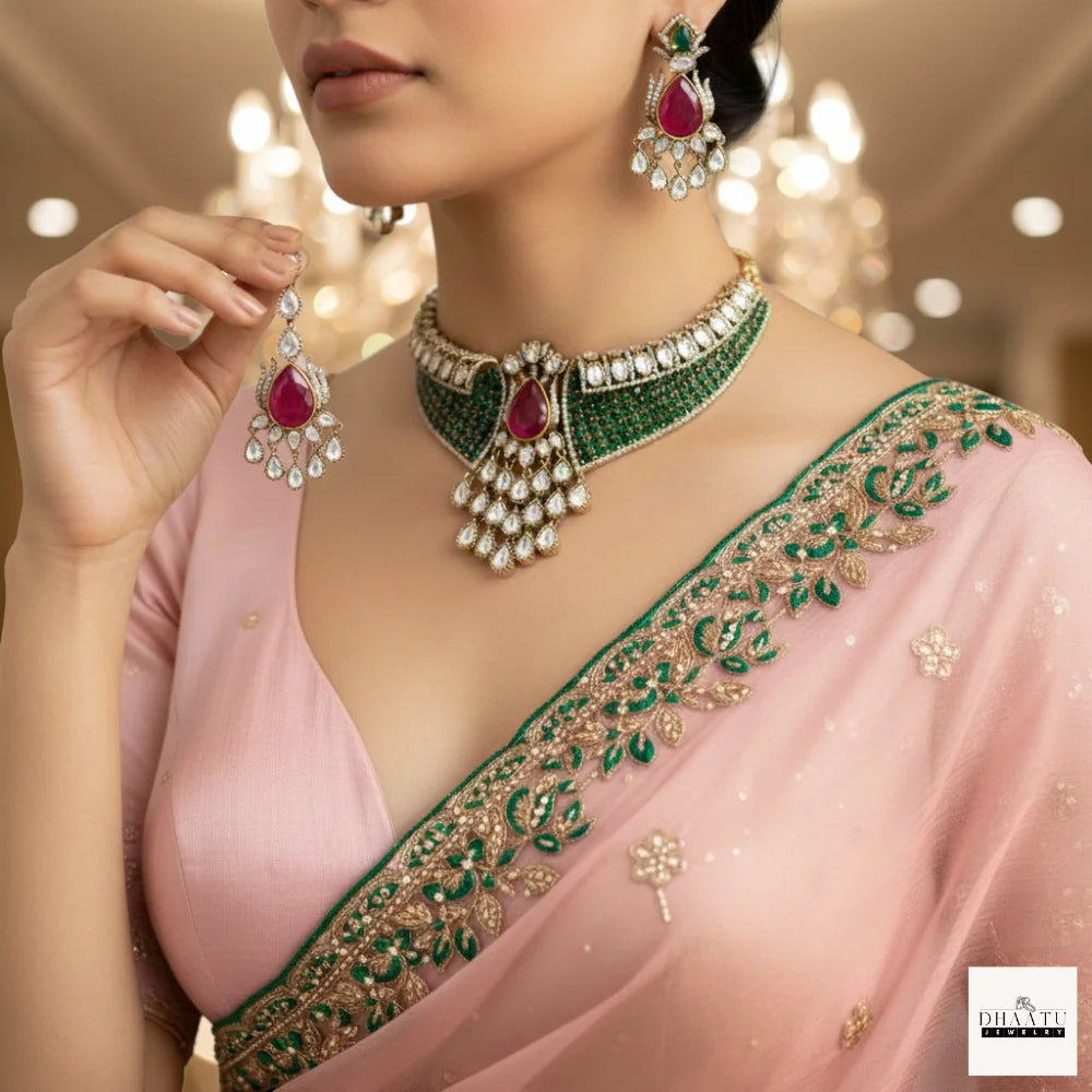 Regal Emerald & Ruby Polki Choker Set – Handcrafted Traditional Necklace with Earrings & Maang Tikka