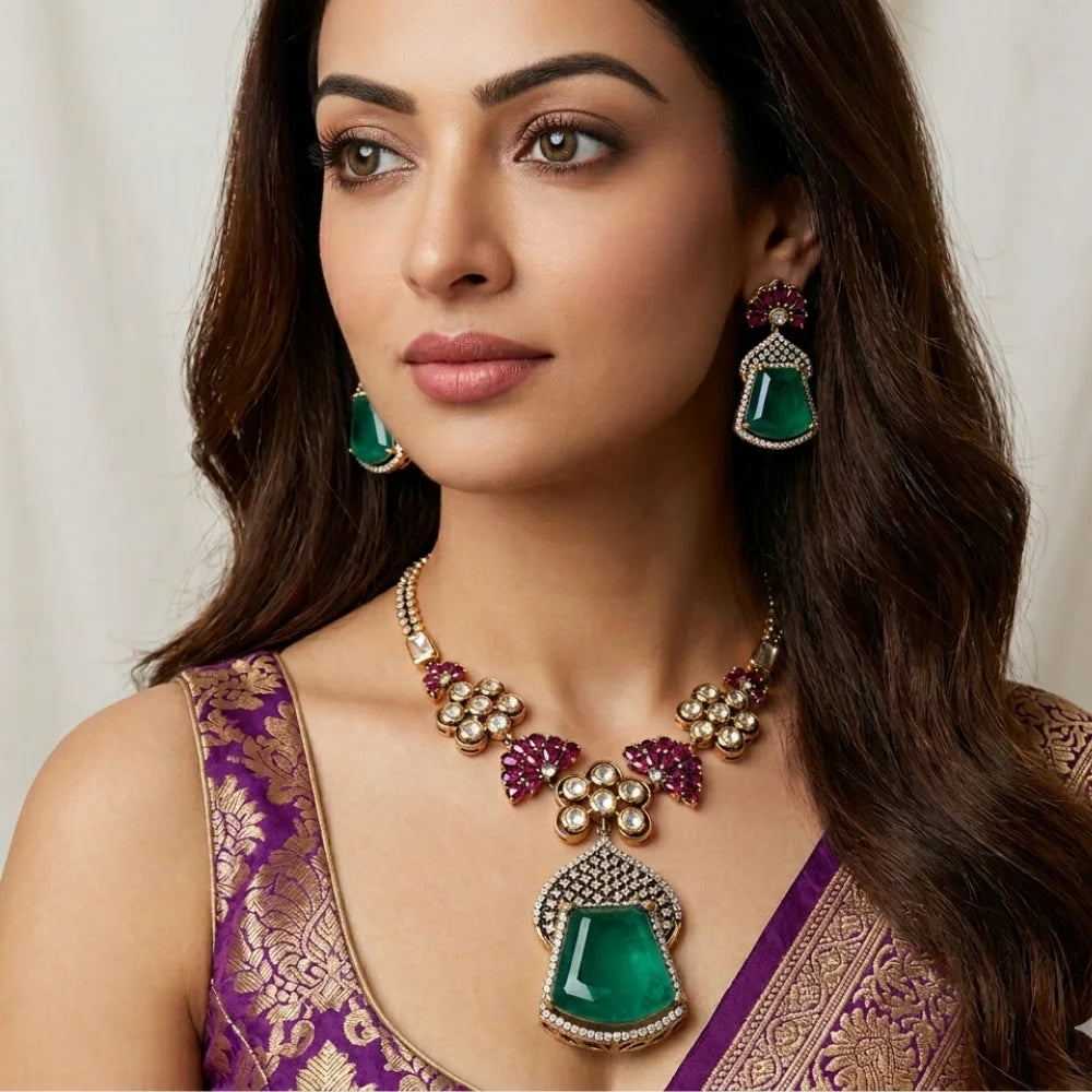 Handcrafted Gold-Plated Emerald Green Stone Collar Set with Real Polki & Moissanite Accents – Ruby Pink Meenakari Detail Earrings and Necklace