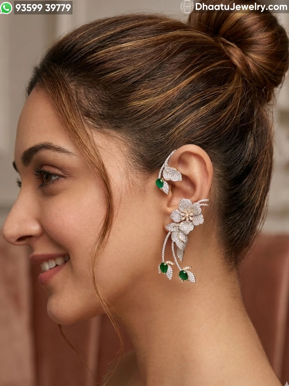 Premium Gold-Plated Floral Ear Cuff Earrings - Intricate CZ Studded Design with Emerald & Clear Variants
