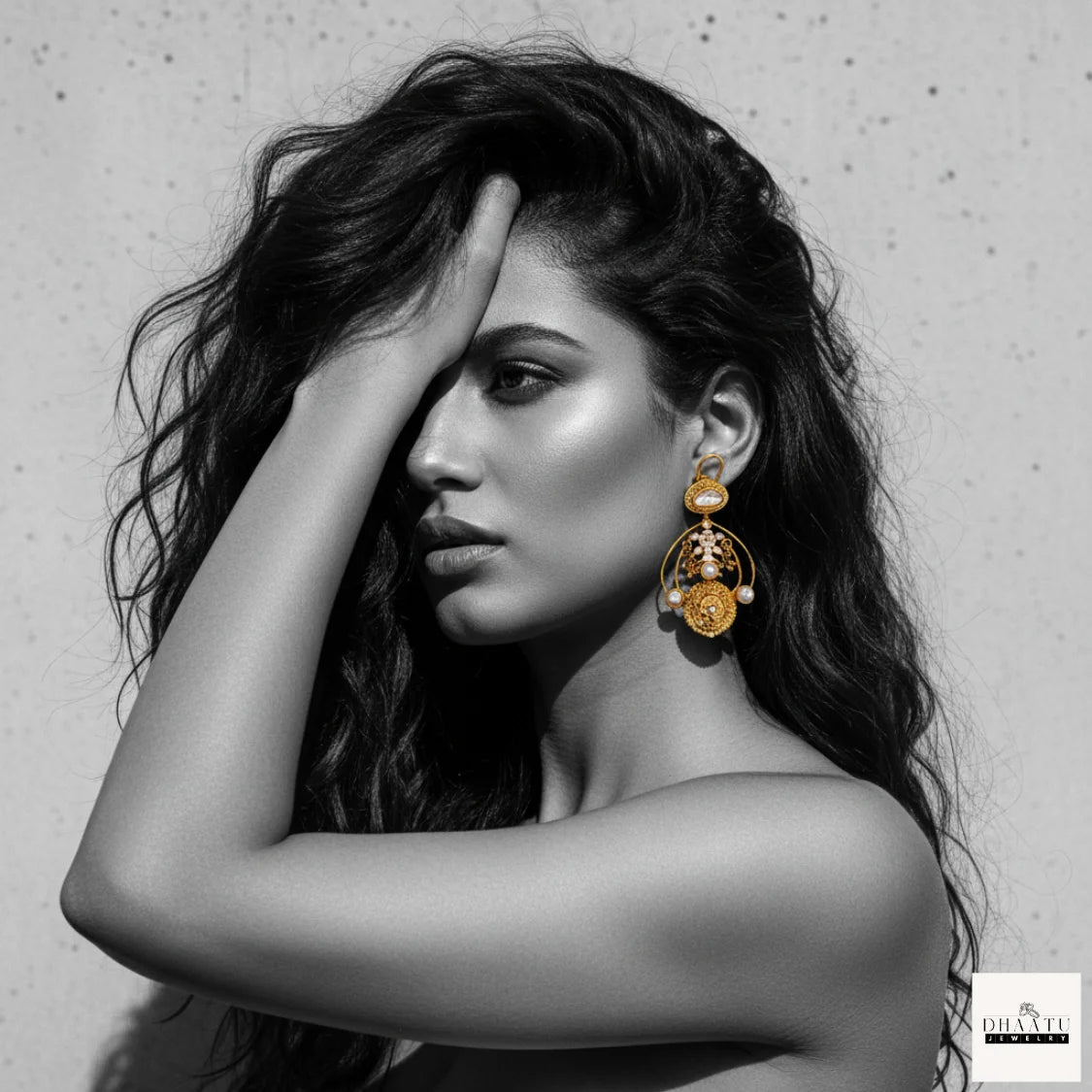 Regal Gold-Plated Statement Earrings with Pearl Drops and Polki/Kundan Stones