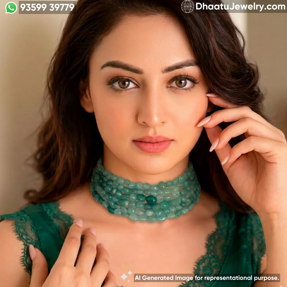 6-Layer Green Aventurine Natural Stone Choker - 4.5cm Wide Sea Green Beaded Statement Necklace