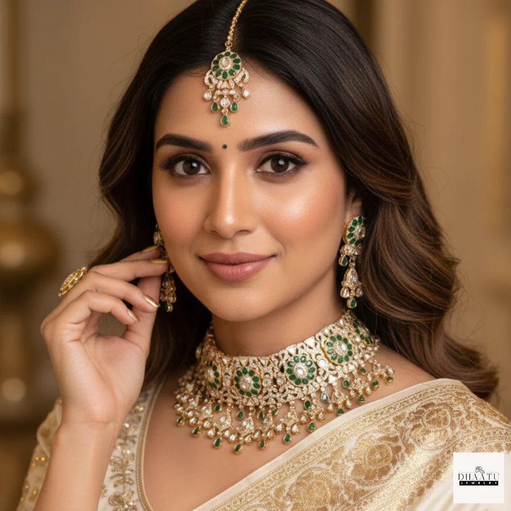 Regal Kundan Choker Set with Natural Gemstones – Traditional Bridal Necklace & Earrings