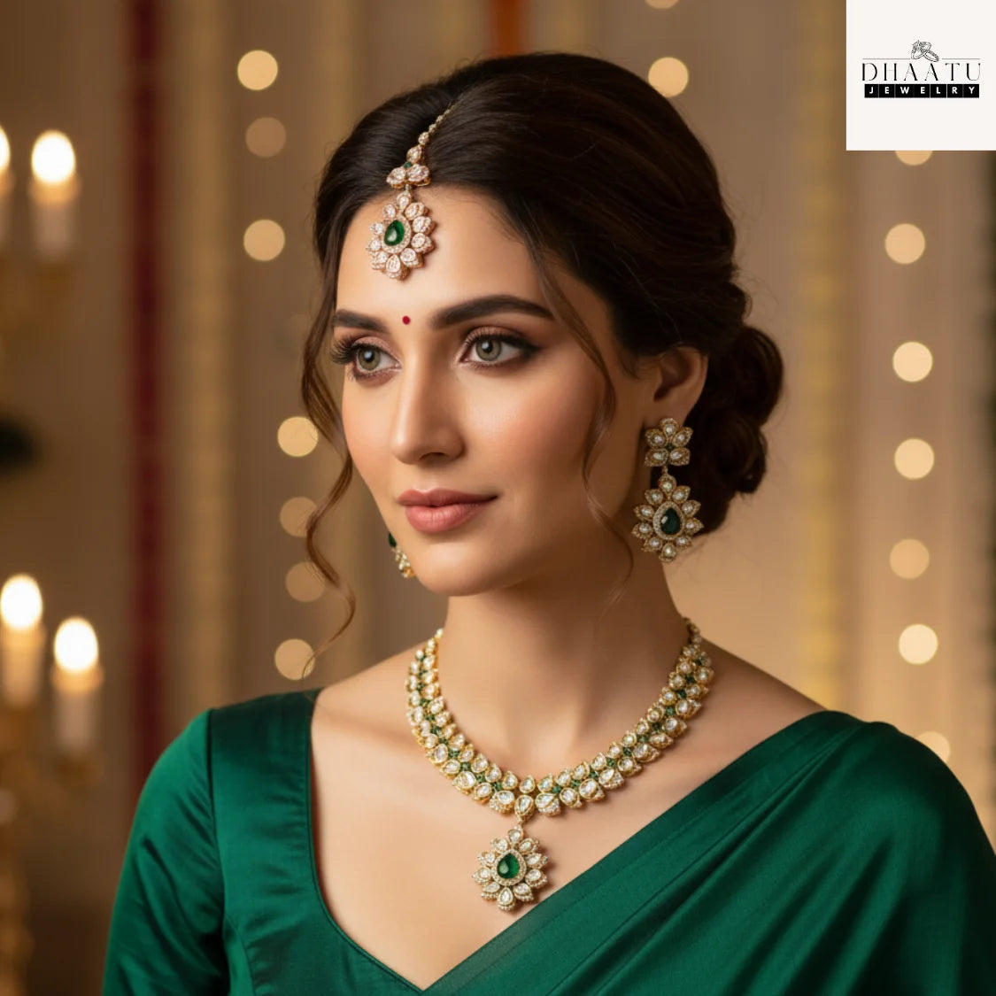 Regal Green Stone & White Polki Style Jewelry Set with Necklace, Earrings & Maang Tikka