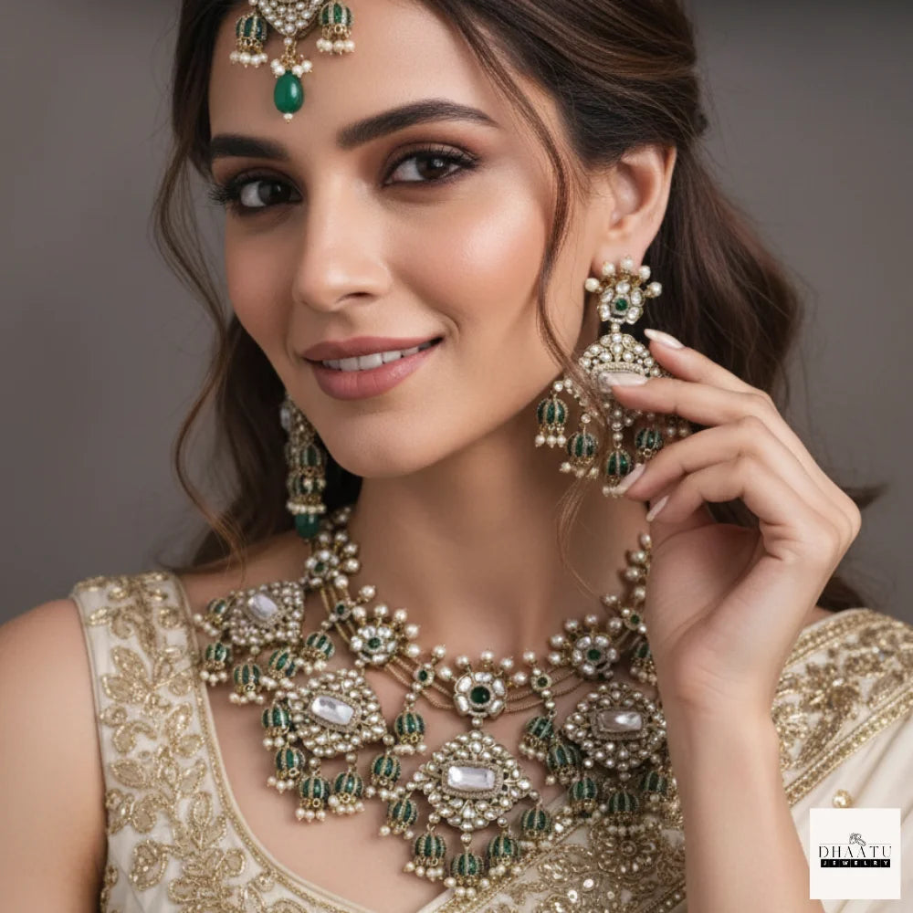 Dhaatu Regal Green Natural Gemstone Kundan Necklace Set with Maang Tikka
