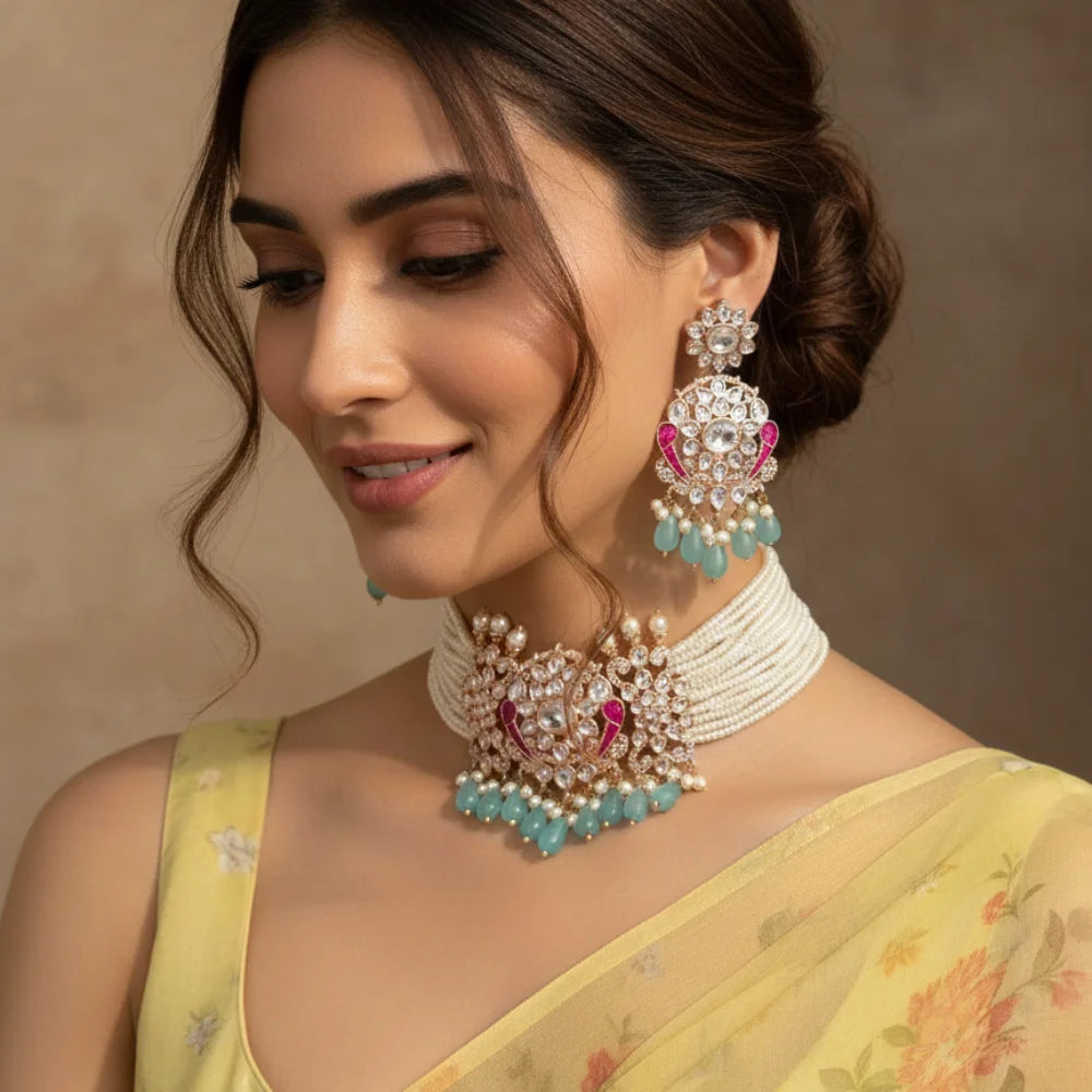 Kundan & Meenakari Pearl Choker Set with Natural Gemstones and Matching Earrings