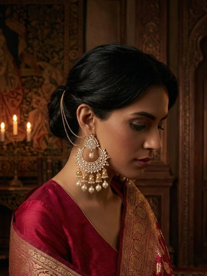Kundan & Pearl Chandbali Earrings with Jhumka Drops & Ear Chains – Indian Bridal & Festive Wear