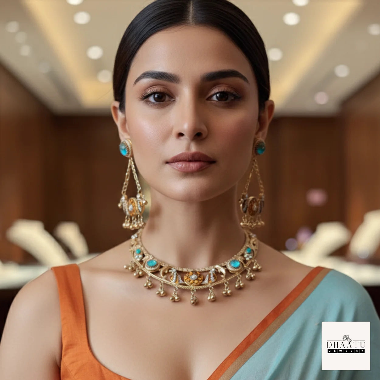 Handcrafted Meenakari & Turquoise Gold-Plated Fusion Choker Set with Peacock Motifs and Ghungroo Drops