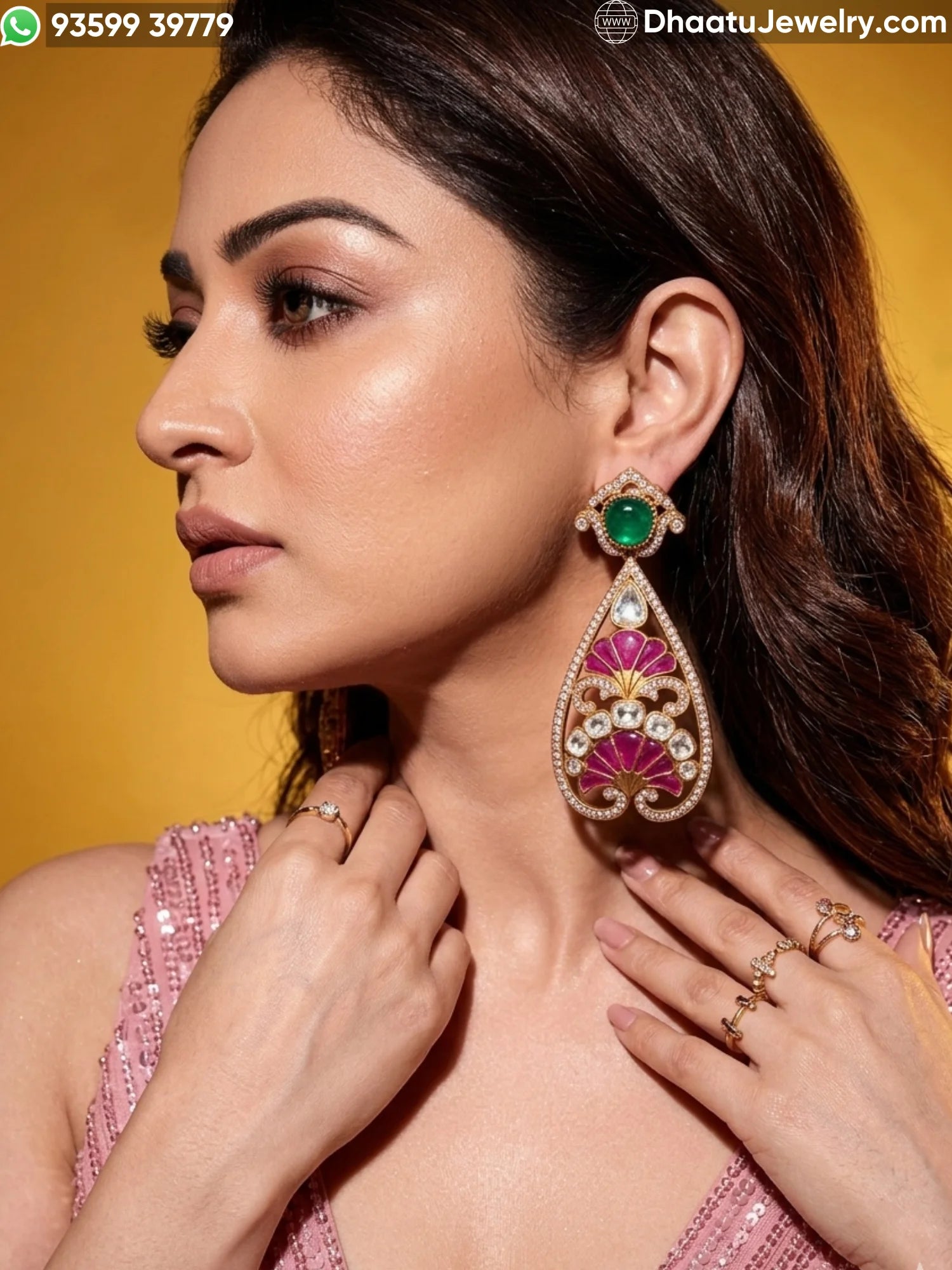 Antique Mehendi Plated Moissanite, Kundan & Ruby-Emerald Doublet Teardrop Earrings