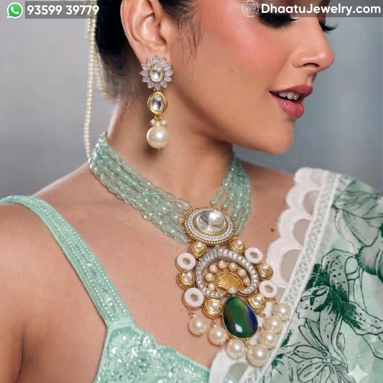 Handcrafted Pastel Mint Green Bead & Kundan Fusion Necklace Set with Meenakari Pendant