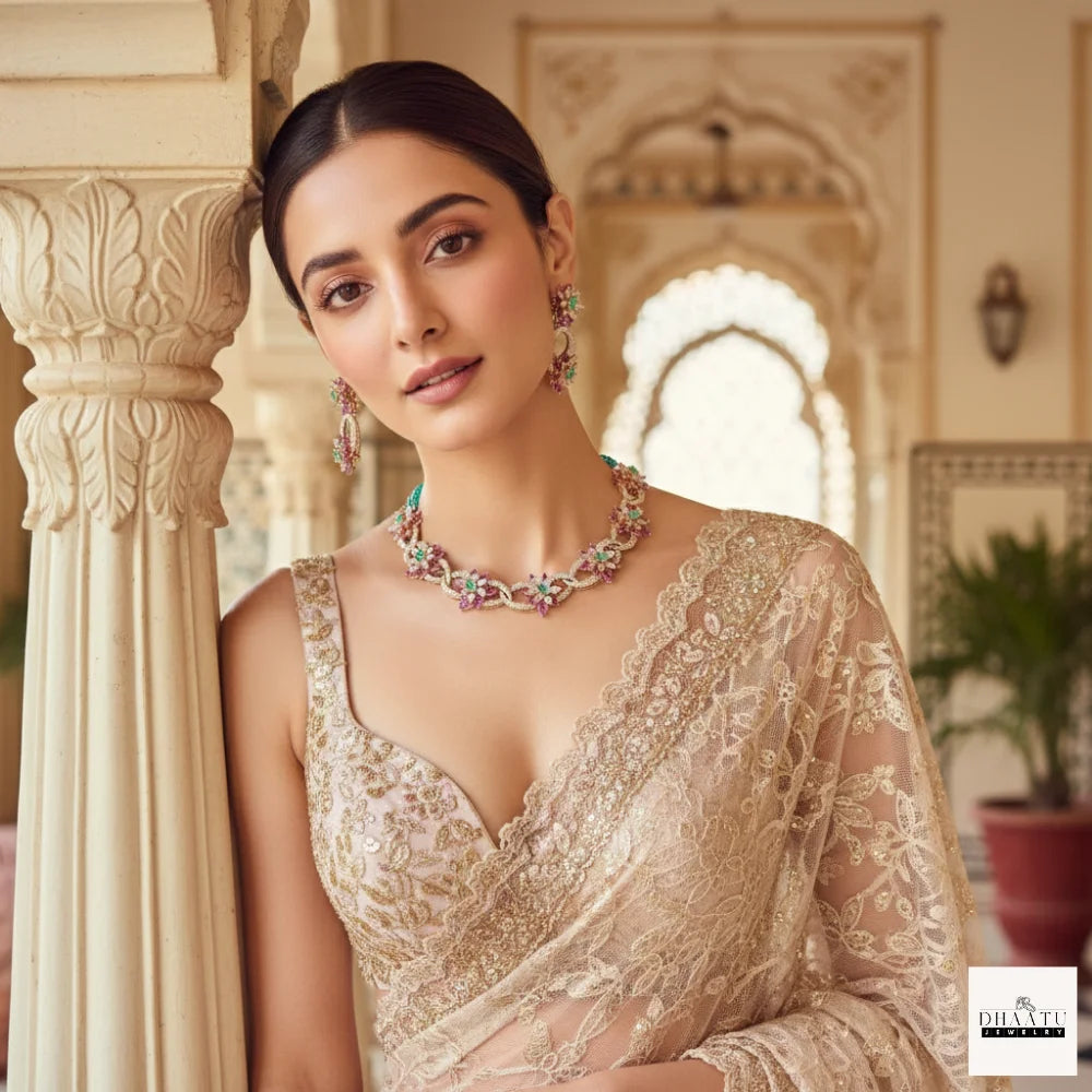 Gulnaar Floral Choker Set with Multi-Strand Beads