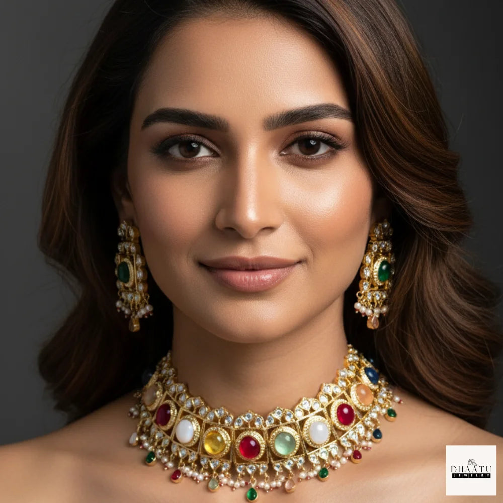 Multicolor Navratna Kundan Choker Set with Natural Gemstones