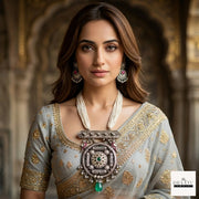 Antique Silver Oxidized Kundan Statement Necklace Set with Pearl Strands and Emerald Drop