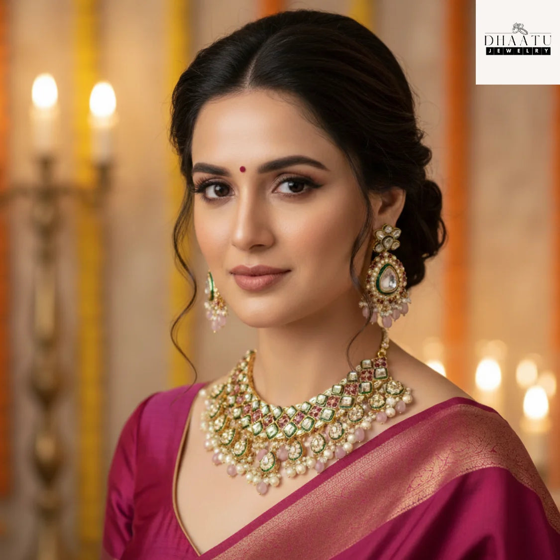 Vibrant Pink & Mint Green Meenakari Polki/Kundan Style Choker Necklace & Earrings Set