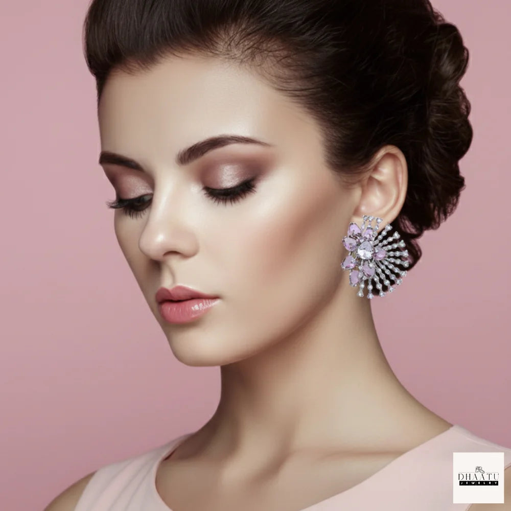 Celestial Sunburst Statement Stud Earrings – Pear-Cut Cubic Zirconia & Crystal Halo (Available in 5 Colors) | Silver Plating