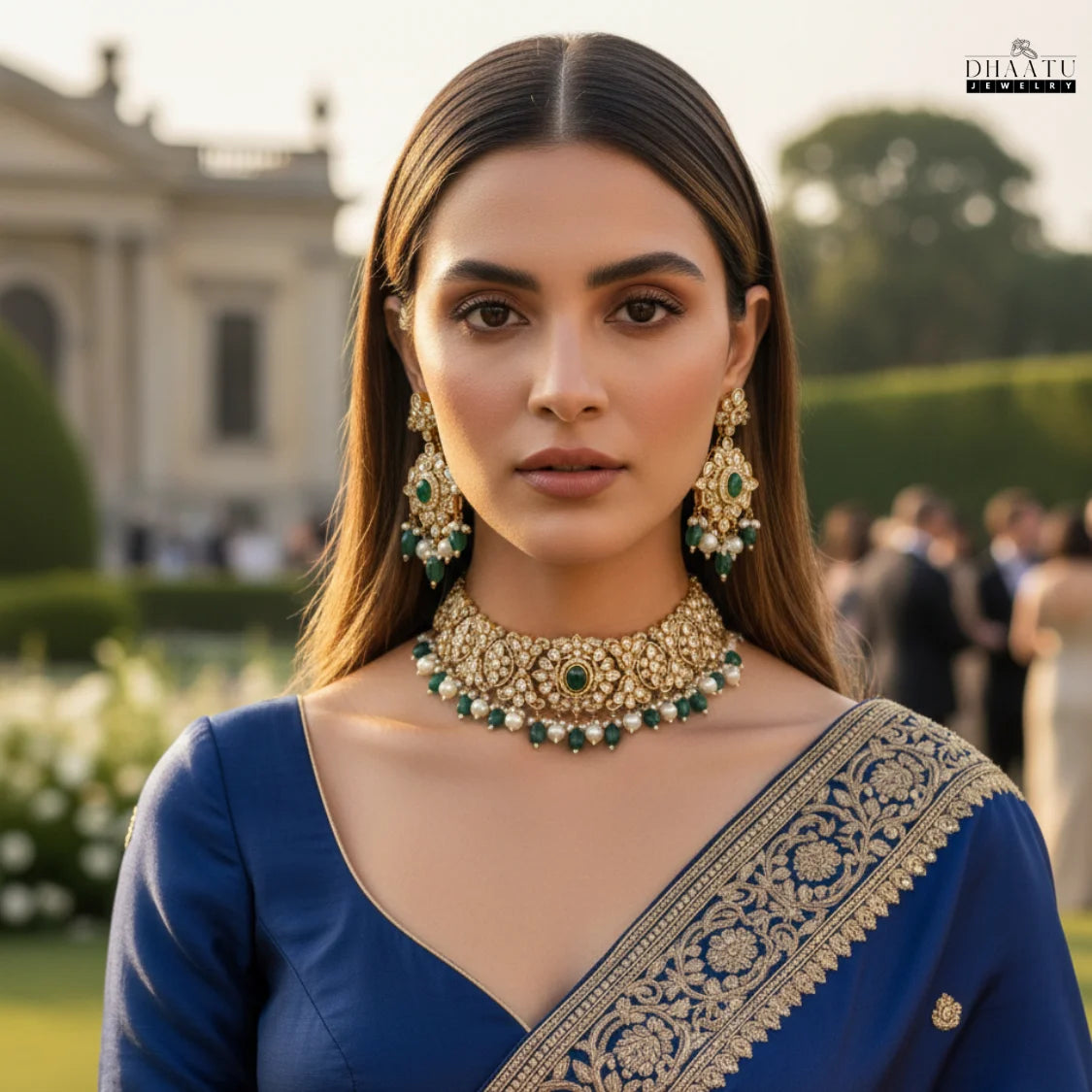 Premium Polki Style Kundan Emerald Pearl Choker Necklace & Earring Set