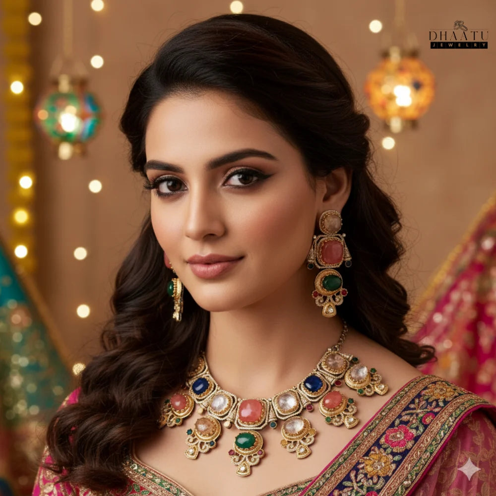 Rivaayat Collection: 'Aarushi' Multi-Stone Two Layer Traditional Choker Necklace Set with Earrings