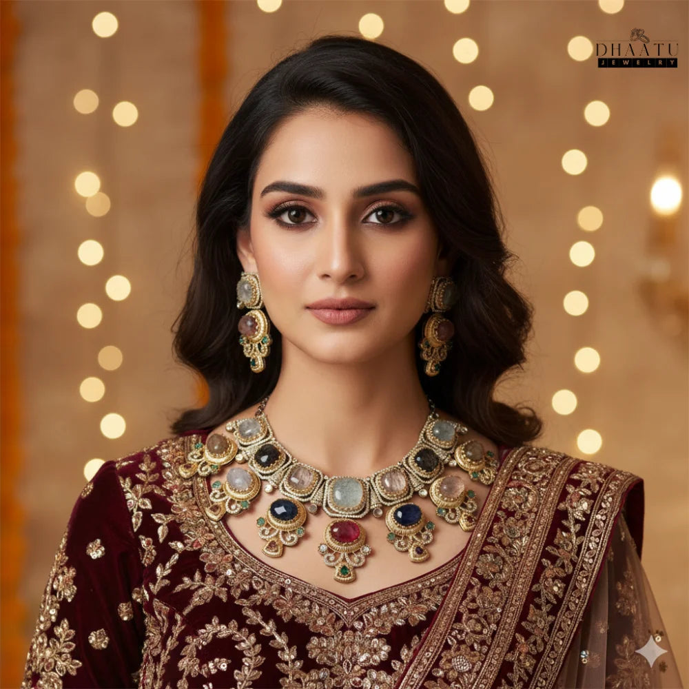 Rivaayat Collection: 'Aarushi' Multi-Stone Two Layer Traditional Choker Necklace Set with Earrings