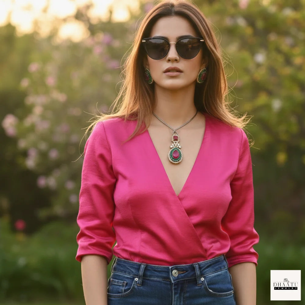 Pear-Cut Gemstone Fusion Jewelry Set – Gold-Plated Teardrop Necklace & Studs with Baguette Halo