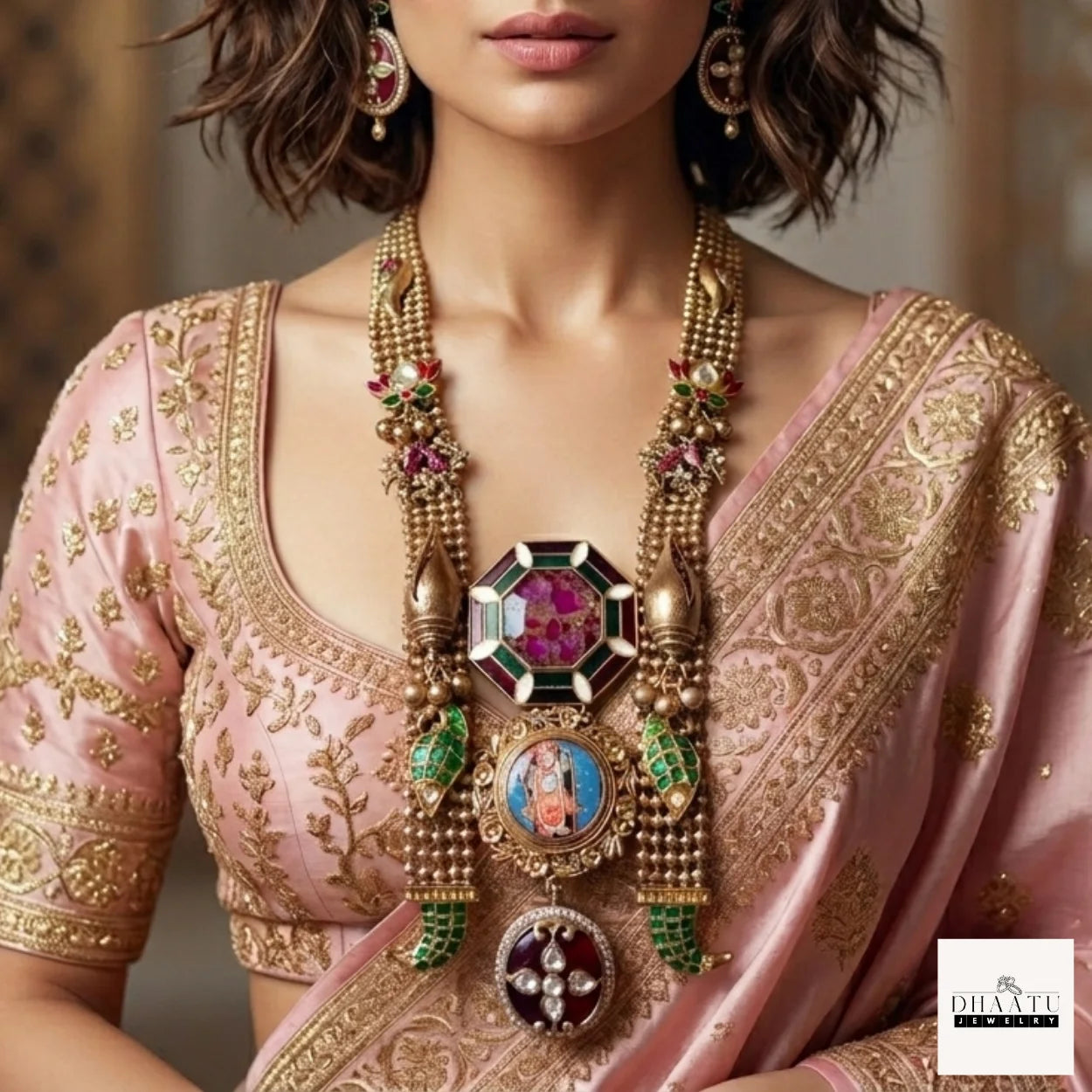 Handcrafted Shrinathji Temple Jewelry Set – Oxidized Gold Long Haar Necklace with Meenakari Work and Matching Earrings