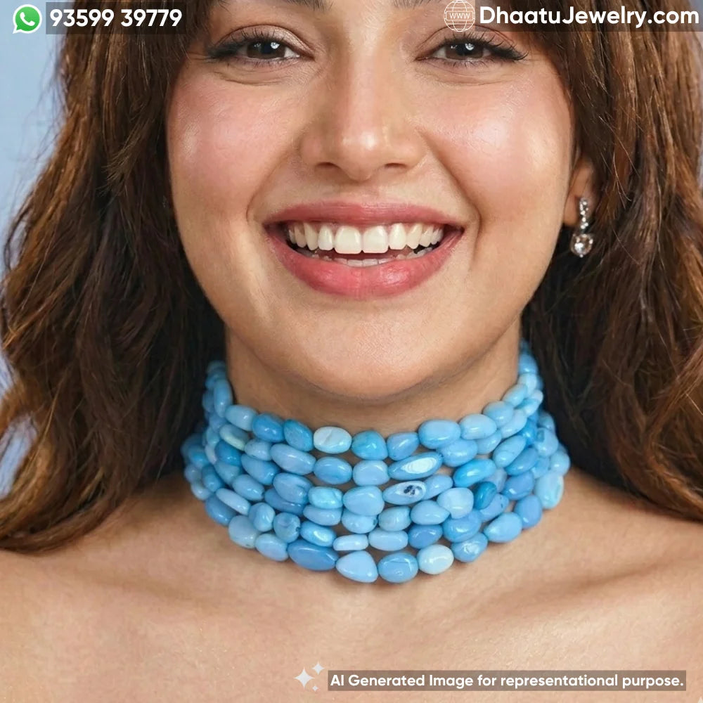 6-Layer Sky Blue Tumbled Natural Stone Choker Necklace - 4.5cm Wide Statement Bead Jewelry with Adjustable Cord