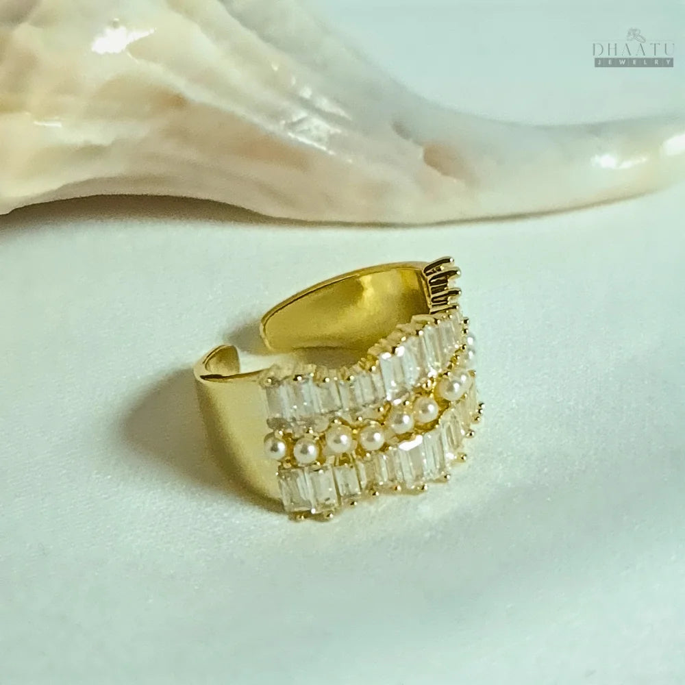 Baguette Crystal & Pearl Statement Ring