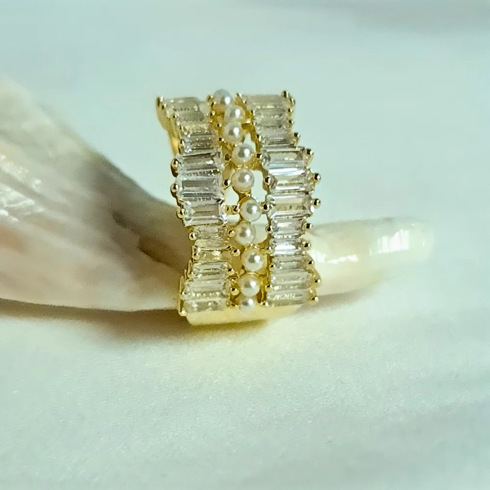 Baguette Crystal & Pearl Statement Ring