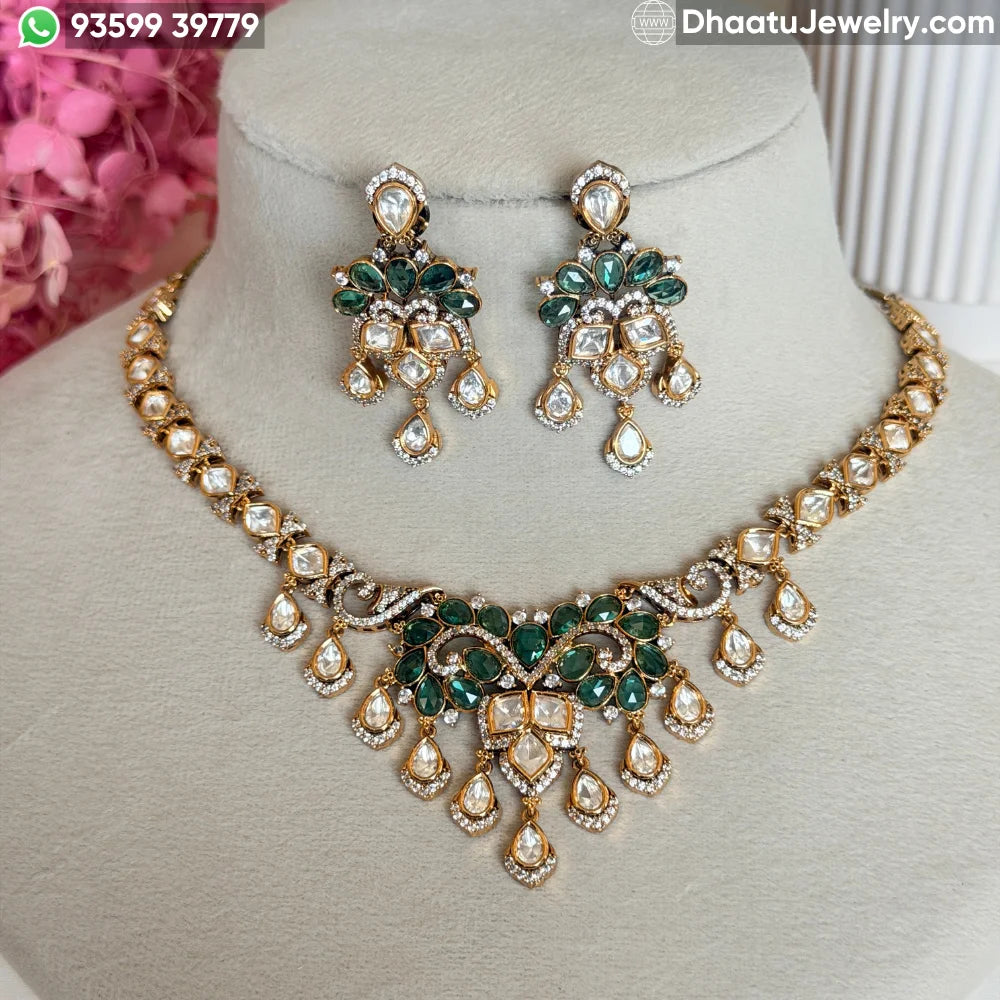 Emerald Green Moissanite & Real Polki Kundan Necklace Set with Drop Earrings in Gold-Plated Brass