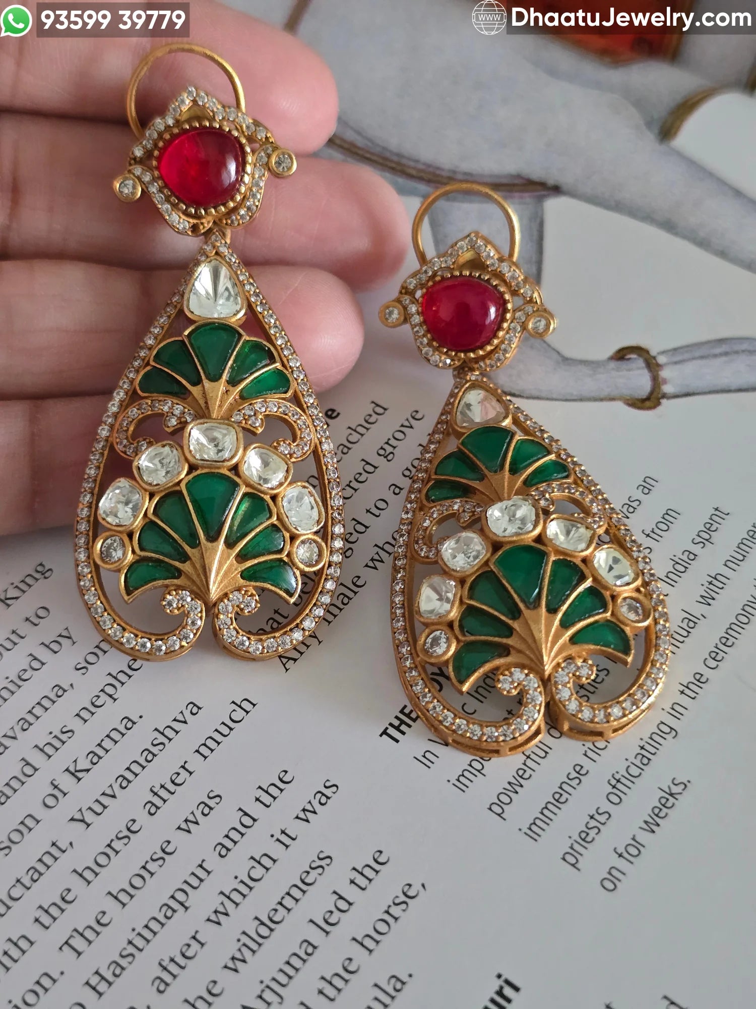 Antique Mehendi Plated Moissanite, Kundan & Ruby-Emerald Doublet Teardrop Earrings