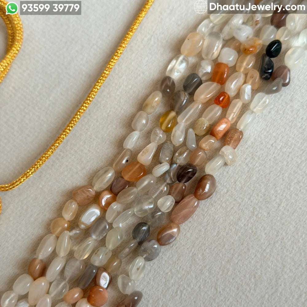 Multi-Color Moonstone 6-Layer Natural Stone Choker Necklace - Earthy Peach, Grey & Cream Tumbled Beads (23cm x 4.5cm)