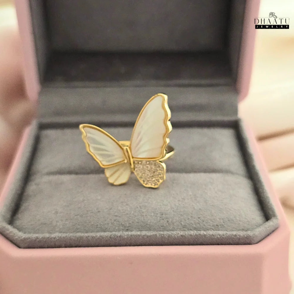 Mother of Pearl Butterfly Ring with Crystal Accents - Gold Tone
