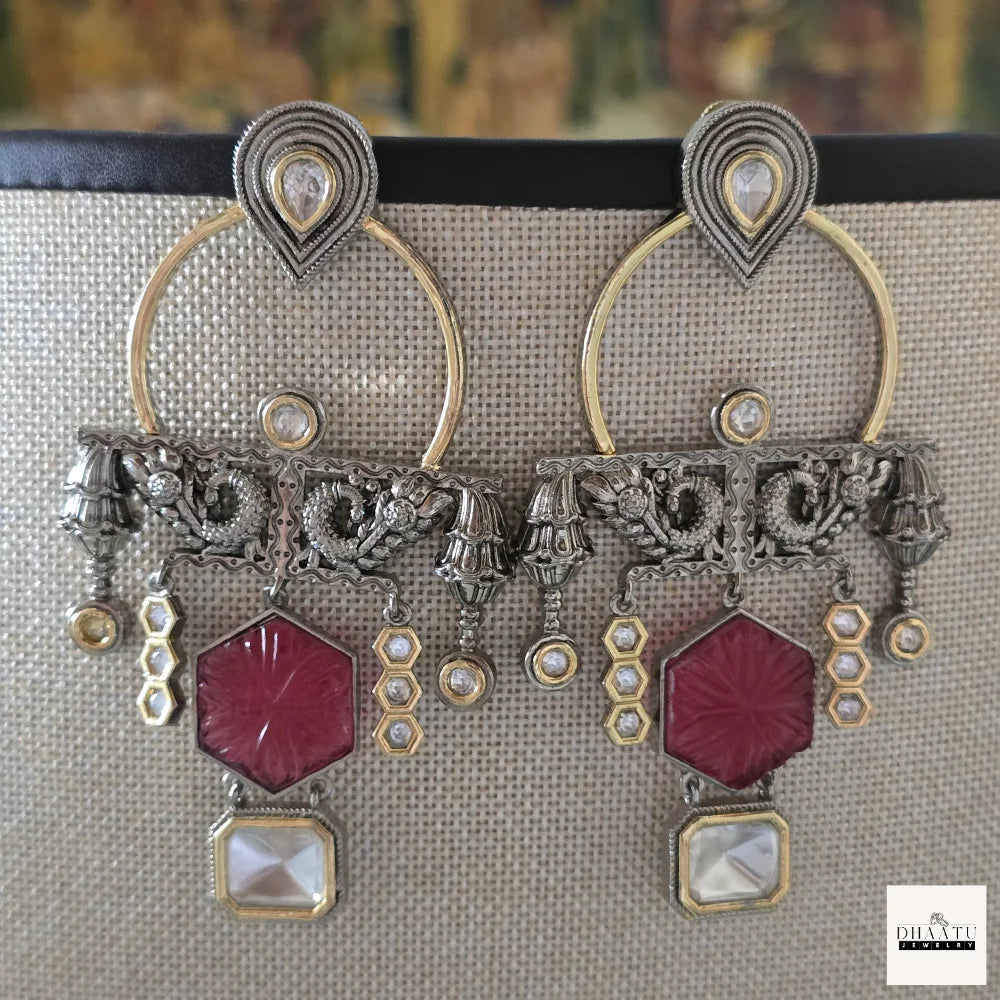 Kundan Polki & Carved Stone Oxidized Fusion Drop Earrings
